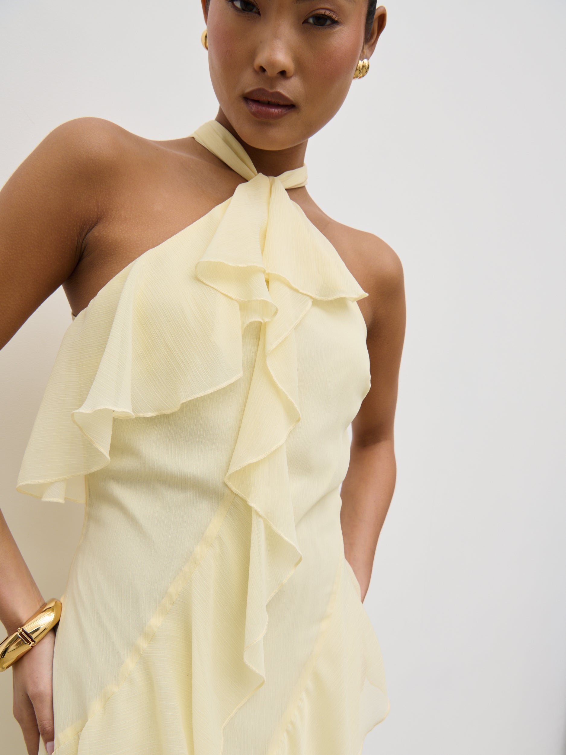 Aria Halterneck Ruffle Midaxi Dress - Lemon