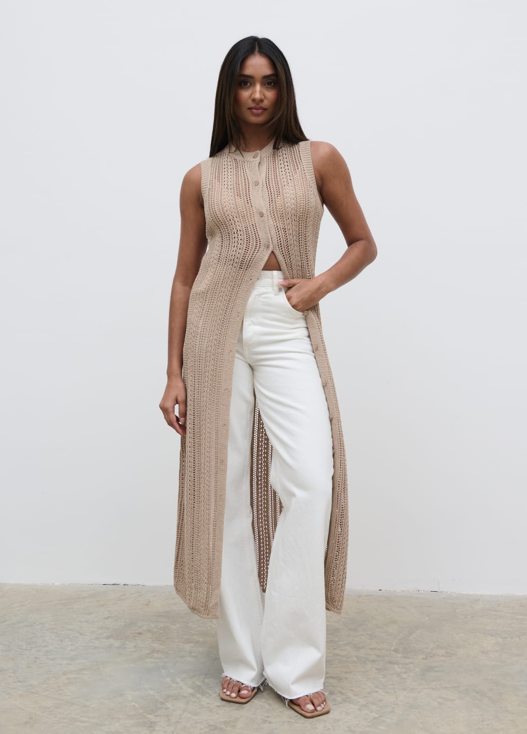 Helen Longline Open Knit Cardigan - beige