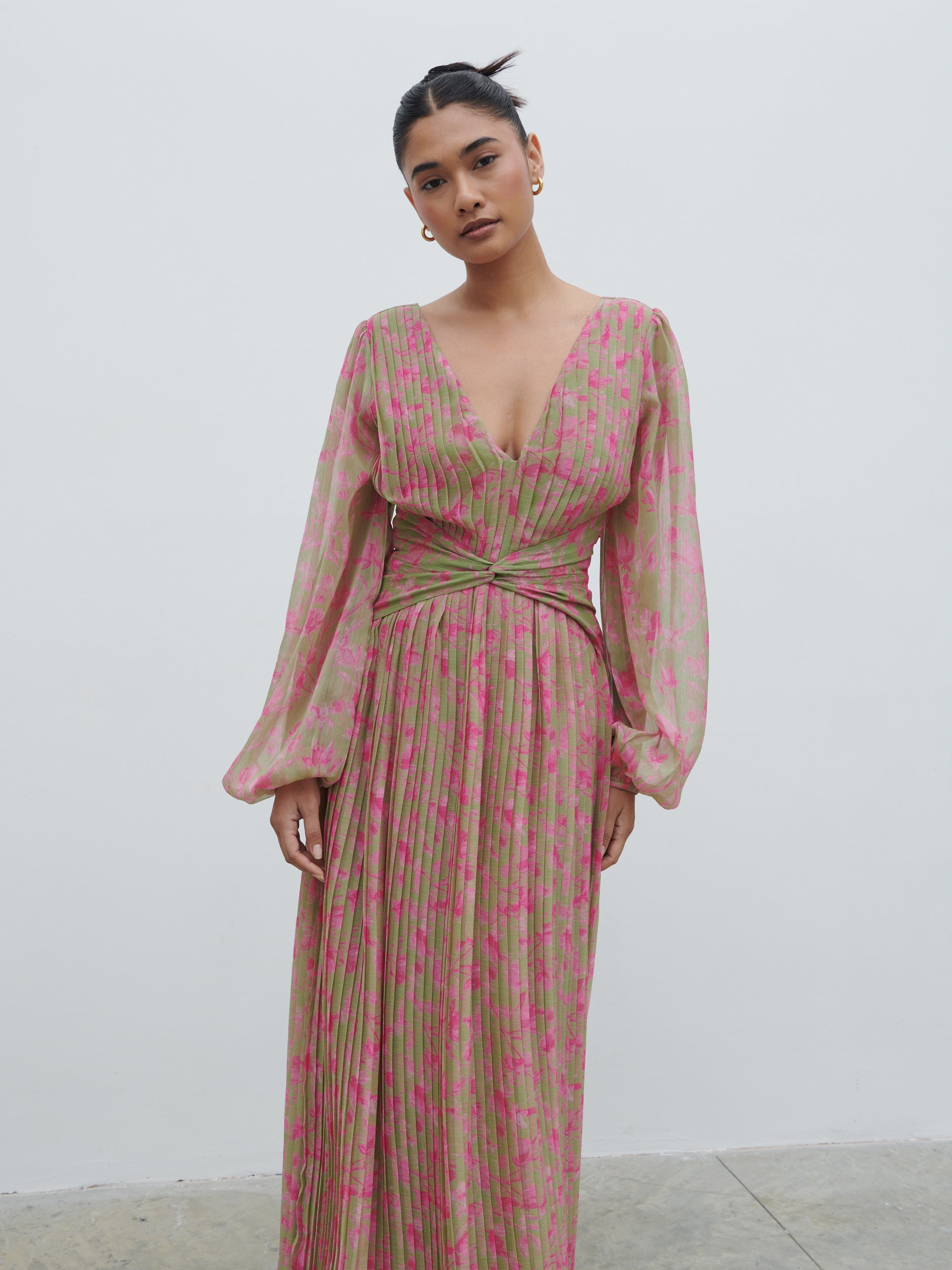 Jade Pleated Maxi Dress - Olive and Fuchsia Petal Floral