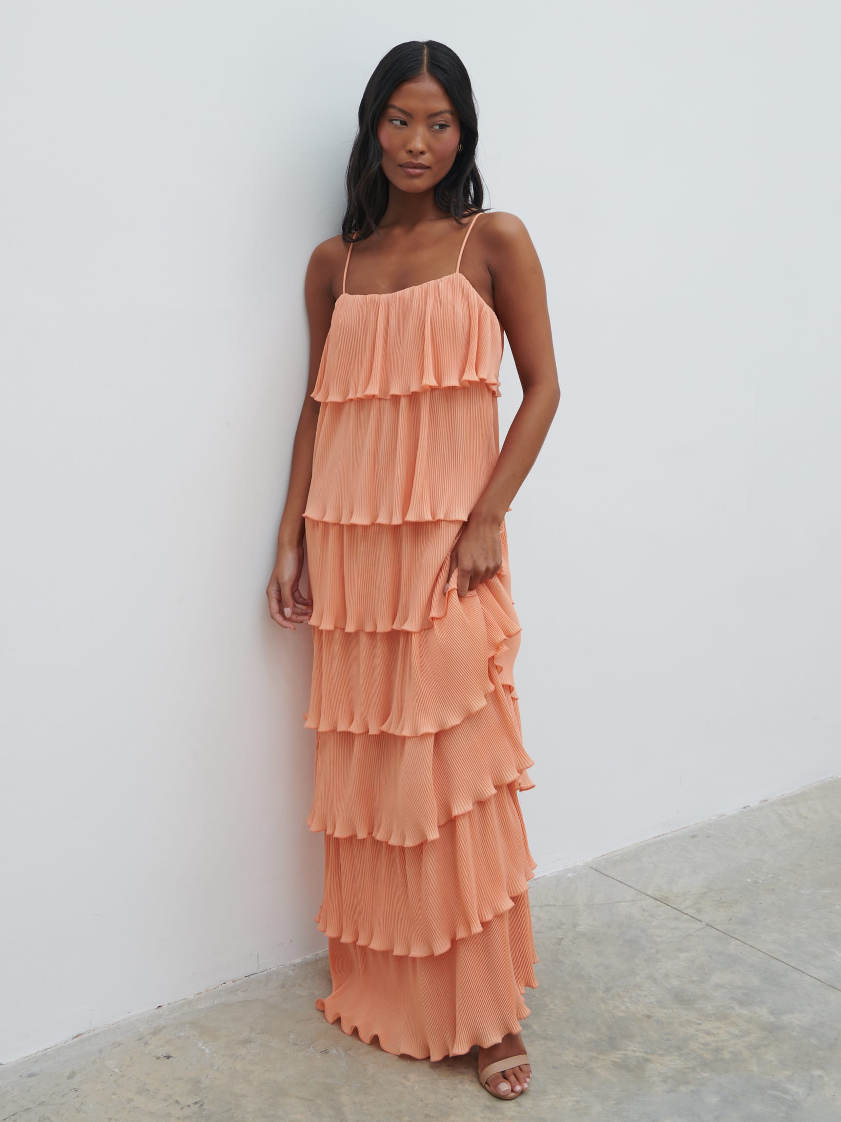 Kaelie Ruffle Plisse Maxi Dress - Apricot