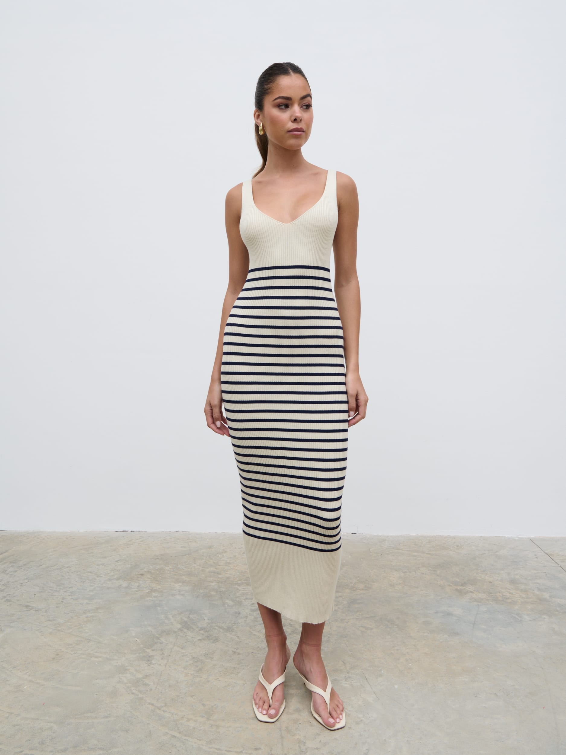 Maria Stripe Knit Midaxi Dress - Cream and Navy
