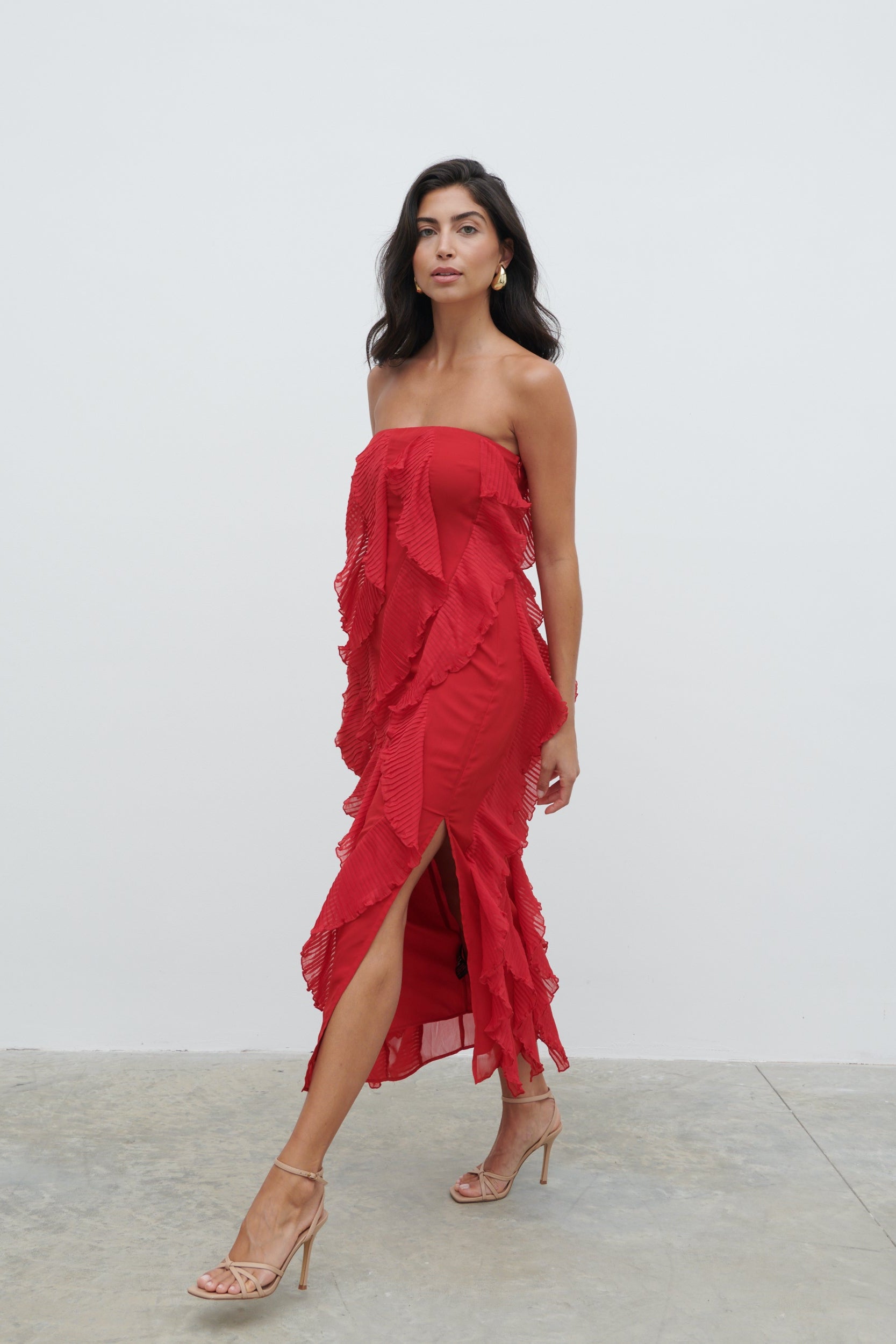 Perla Bandeau Ruffle Midaxi Dress - Red