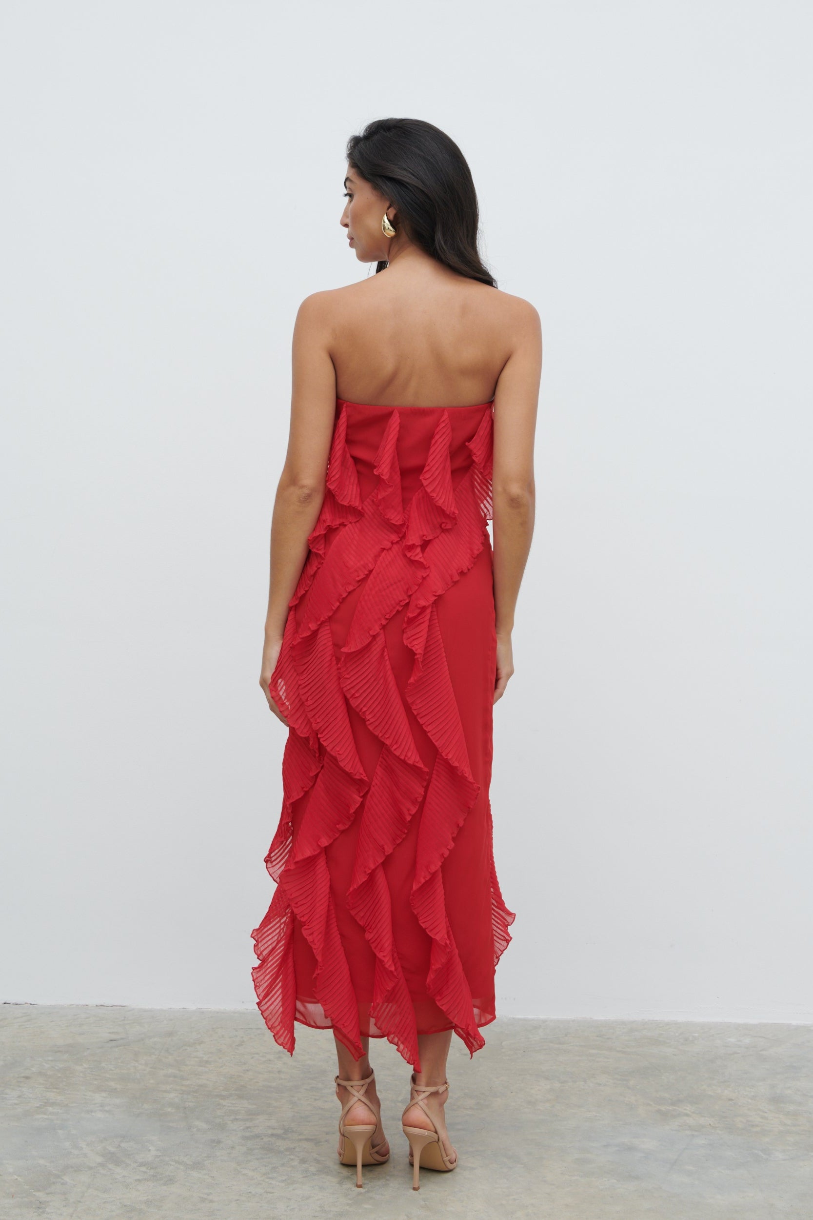 Perla Bandeau Ruffle Midaxi Dress - Red