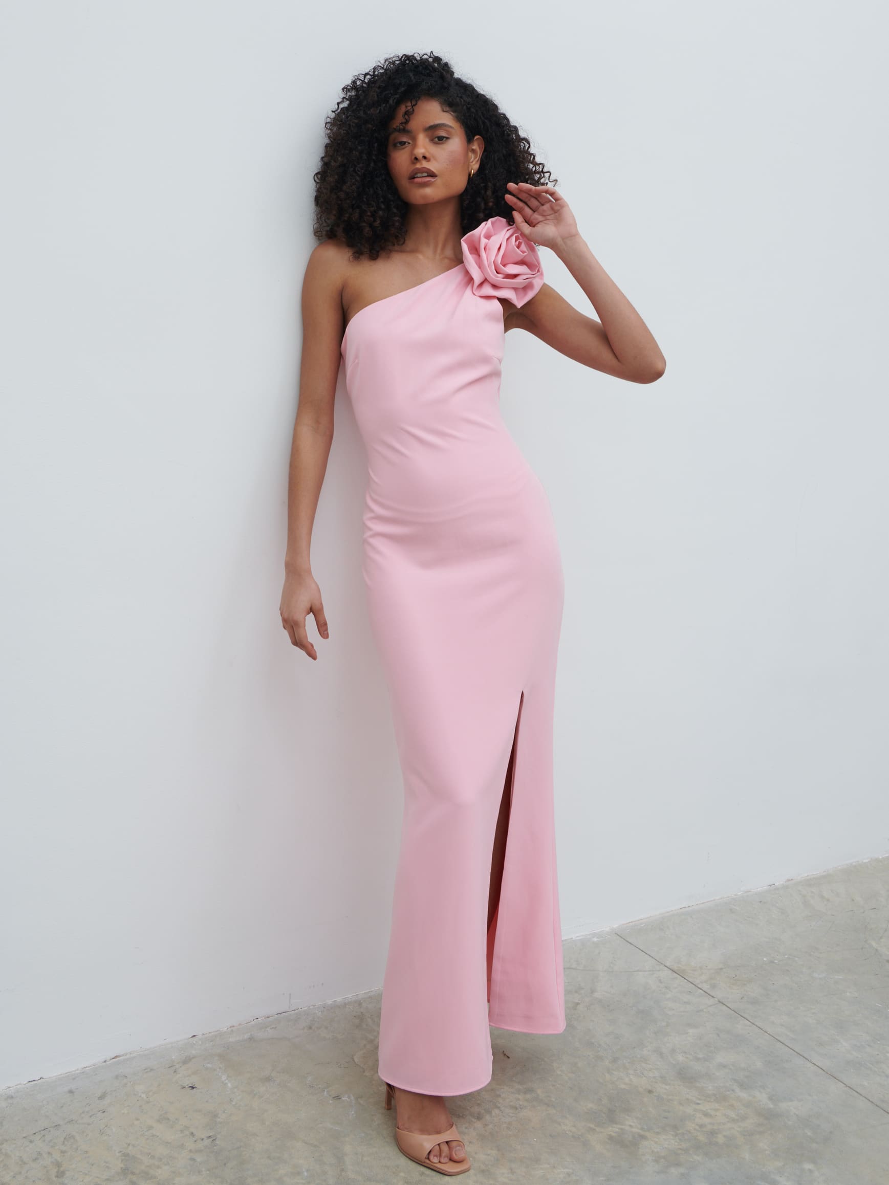 Samaya One Shoulder Detachable Corsage Maxi Dress - Posie Pink